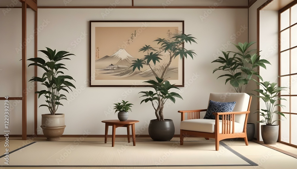 Fototapeta premium Una sala de estar minimalista con un sillón beige, una pequeña mesa auxiliar de madera y una maceta contra una pared blanca y lisa