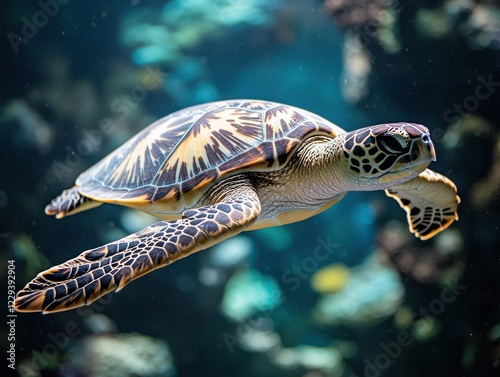 Majestic Sea Turtle Gliding Through Vibrant Coral Reef Underwater Environment in Clear Ocean Water