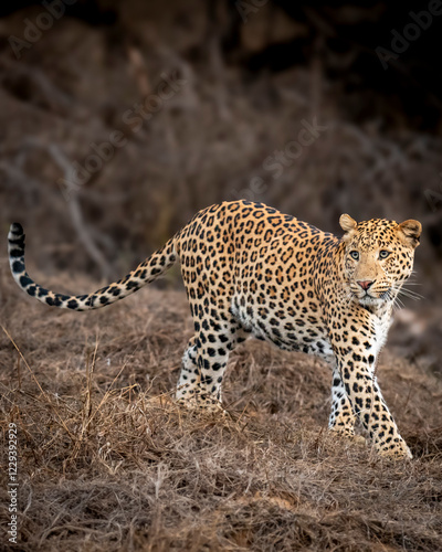 wild male leopard or panther or panthera pardus fine art tail up closeup or portrait side profile full length walking in dry summer season jhalana leopard reserve forest jaipur rajasthan india asia photo