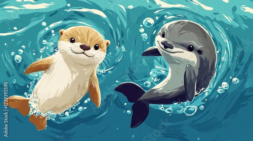 Adorable Otter and Dolphin Underwater Adventure photo