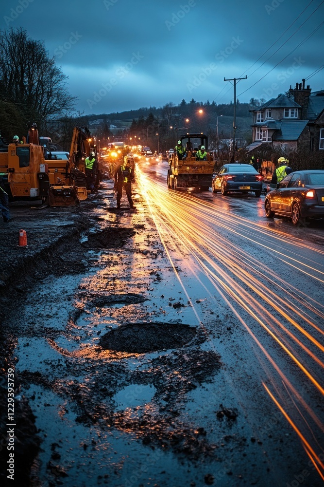 Obraz premium Night roadwork, damaged asphalt, light trails