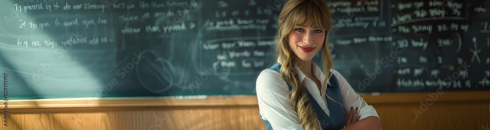 Φωτογραφία portrait of a young woman in front of a school or university blackboard