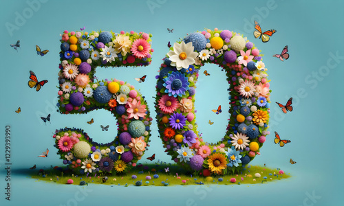 Die Zahl 50 in aus bunten Frühlinmgs- Blüten gelegt auf hellblauem Hintergrund, copy space photo