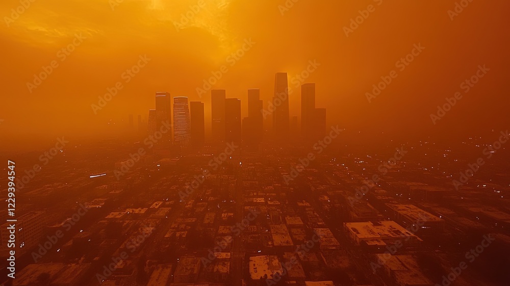 Fototapeta premium Skyscrapers shrouded in thick smog from wildfire smoke, orange haze covering the city