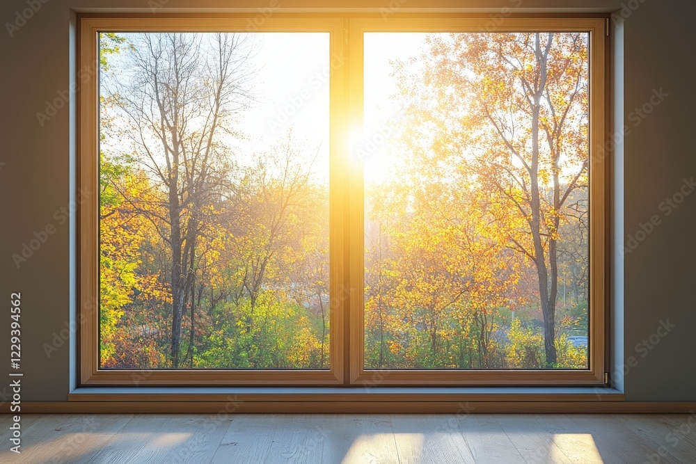 Fototapeta premium Sunrise illuminating autumn leaves through large window in peaceful interior space