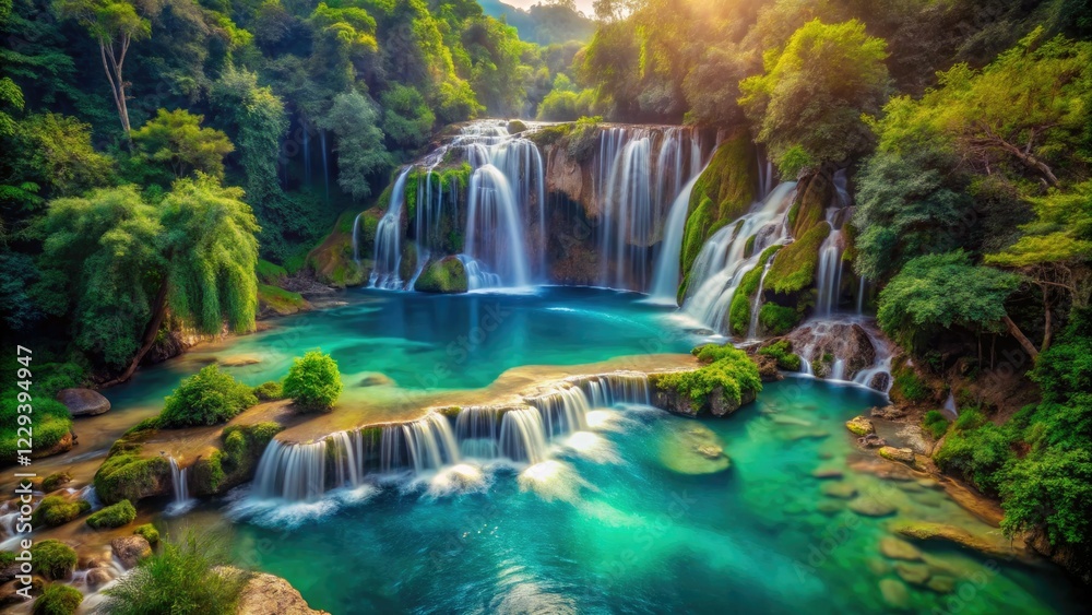 Fototapeta premium Turquoise pool, lush cliffside paradise: a waterfall's aerial double exposure dream.