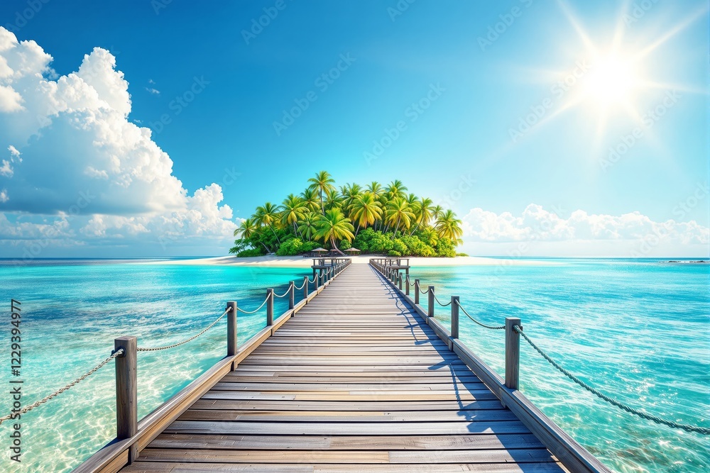 Obraz premium Wooden pier leading to a tropical island surrounded by turquoise water under a sunny sky. Vibrant colors and bright light. Concept of paradise. Ai generative