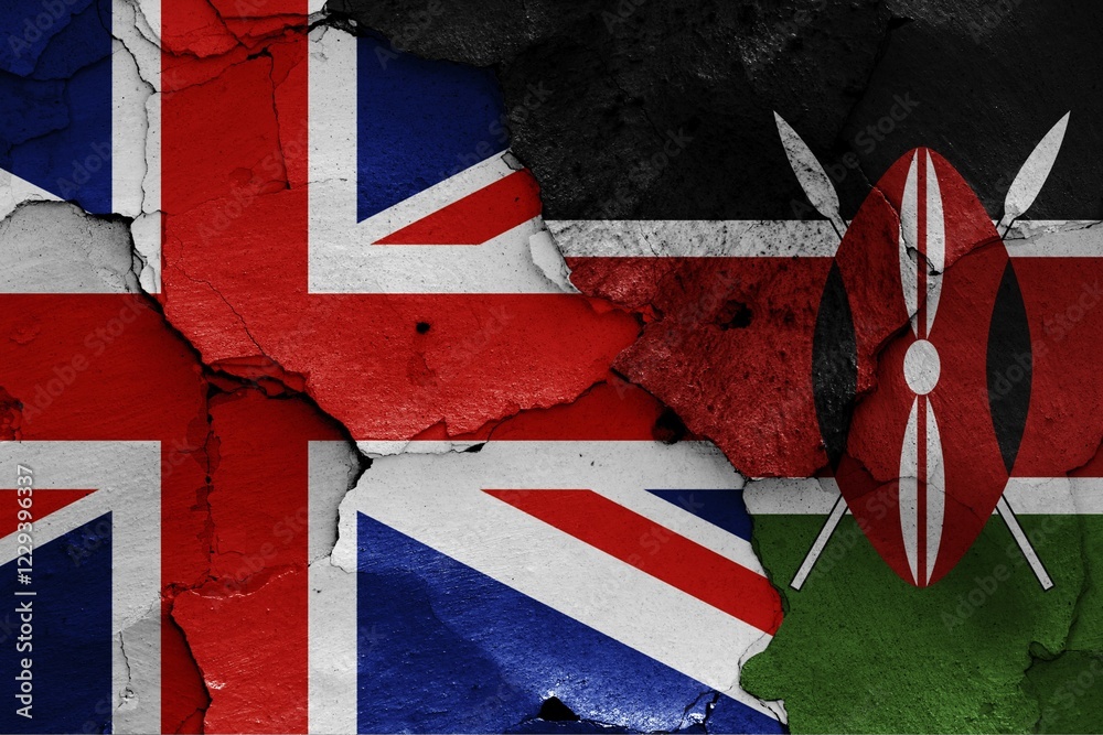 Fototapeta premium Flags of UK and Kenya painted on cracked wall