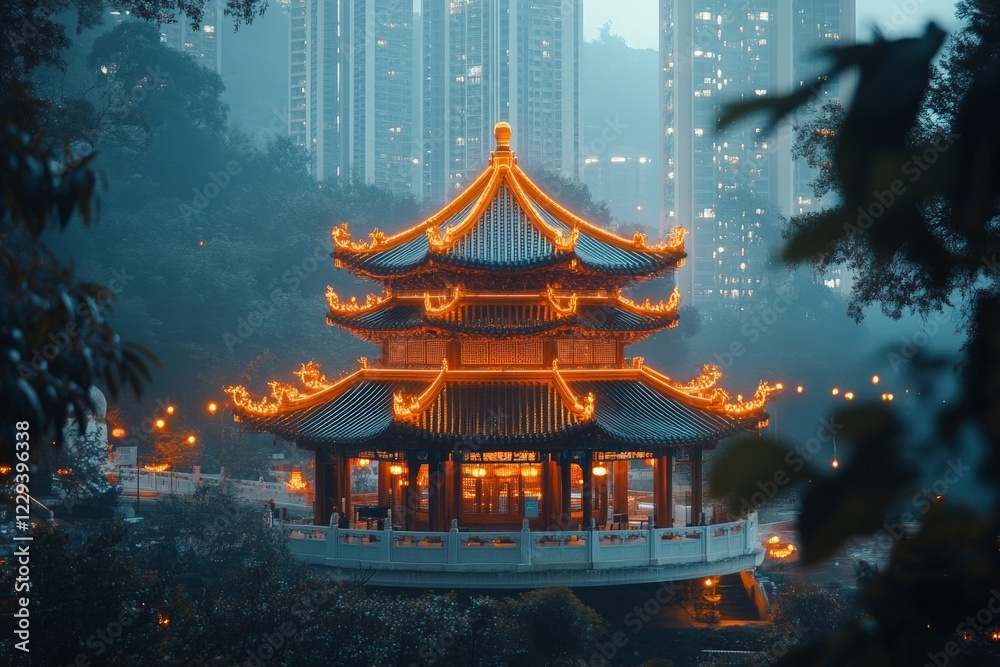 Fototapeta premium Elegant Chinese pavilion illuminated at dusk amidst modern city skyline