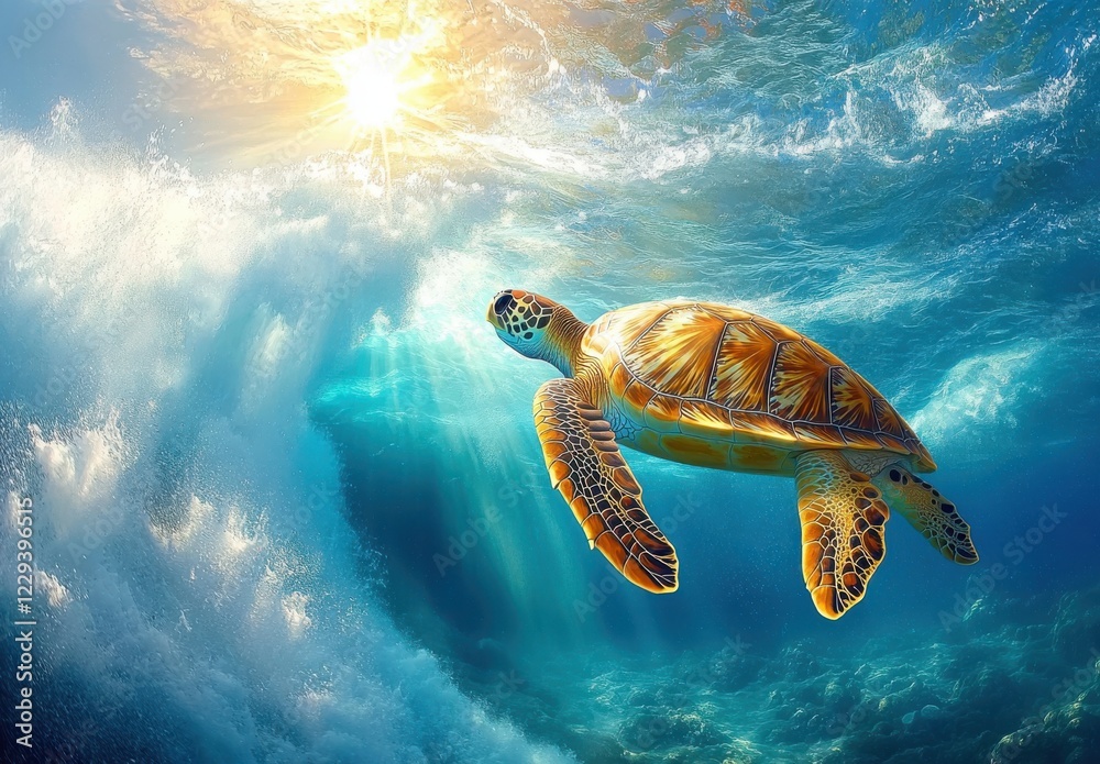 Obraz premium Majestic Sea Turtle Gracefully Swimming Through Crystal Clear Ocean Waves Under Bright Sunlight