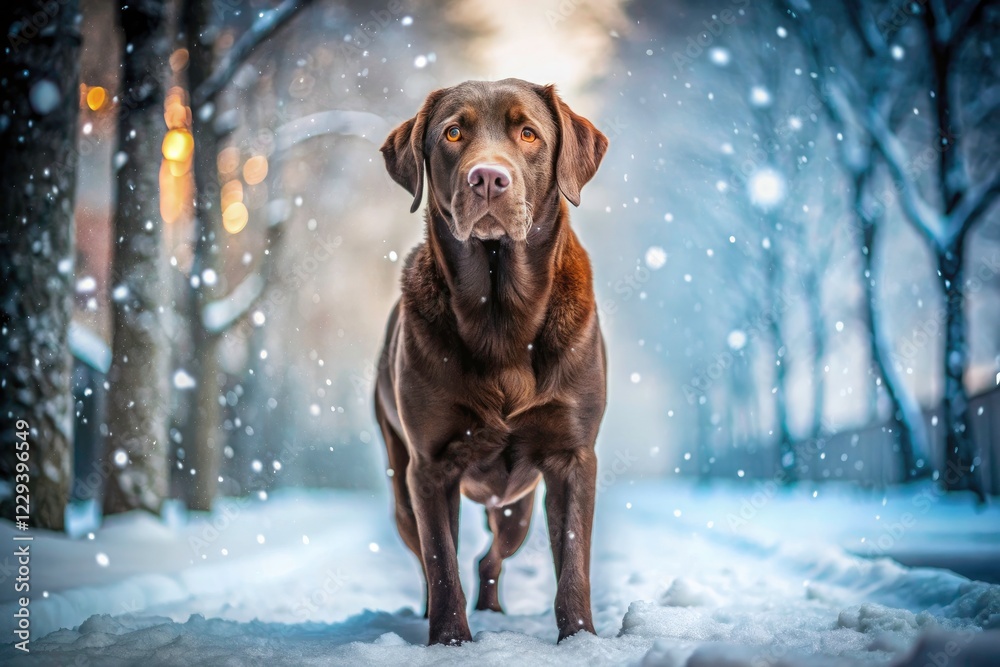 Long exposure reveals a majestic brown Labrador's winter wonderland portrait; snow swirls, dog stands tall. Long exposure reveals a majestic brown Labrador's winter wonderland portrait; snow swirls, dog stands tall.