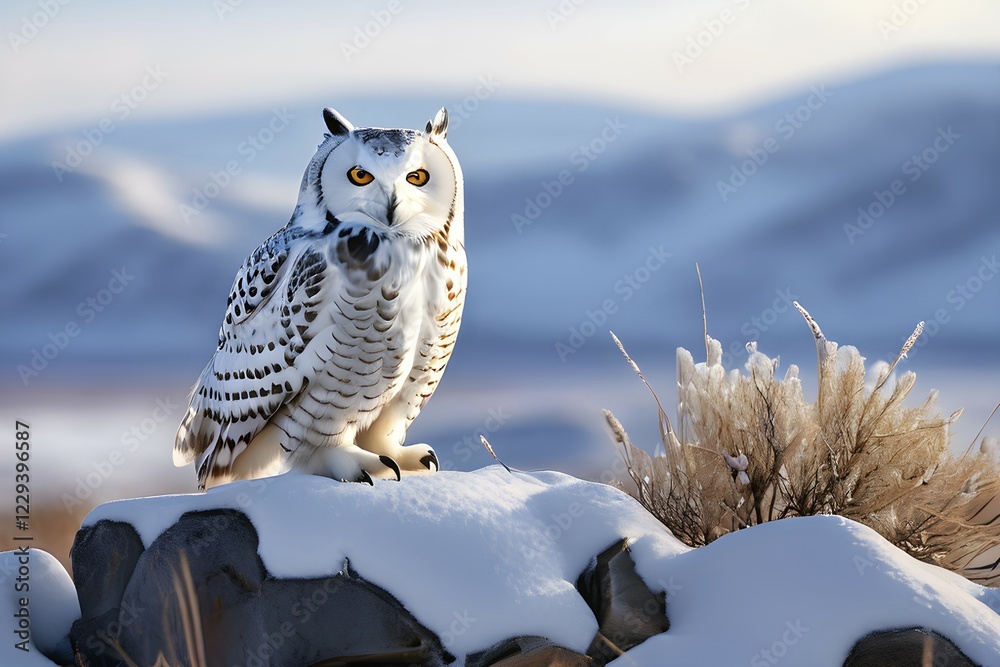 Snowy owl perched on a jagged rocky outcrop, AI generated