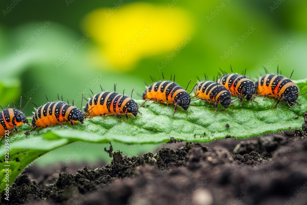 Fototapeta premium Caterpillars crawl along a green leaf in a vibrant garden during a sunny spring day