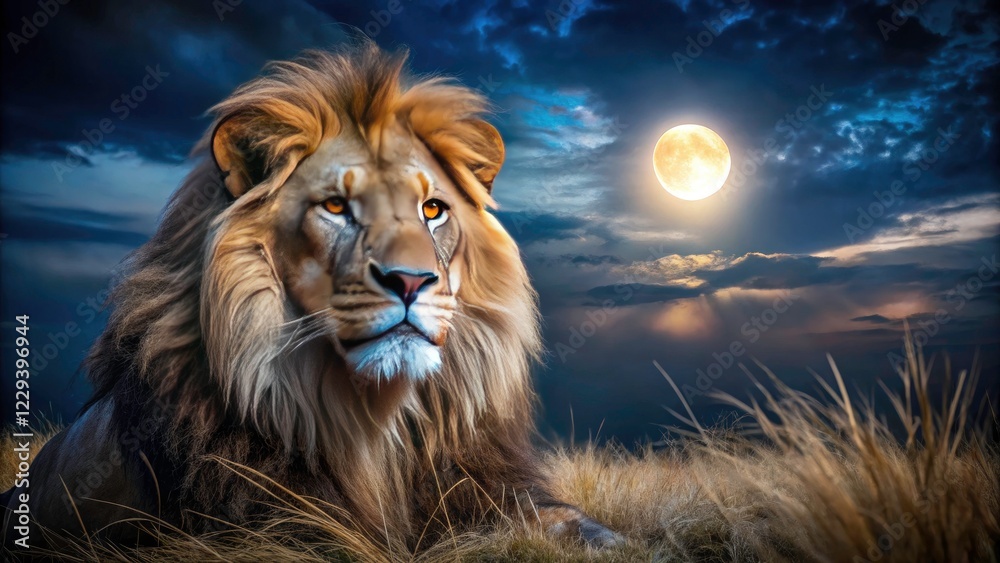 Naklejka premium Low-light photography captures a powerful African night lion, a wild cat's majesty unveiled in the dark savannah.