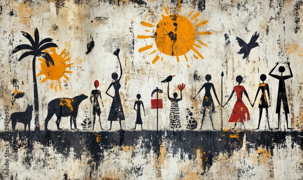 Fototapeta premium a vibrant and colorful abstract artwork depicting a group of people with stick figures and sun symbols, showcasing a diverse and connected community. This piece exudes a sense of joy, peace and unity.