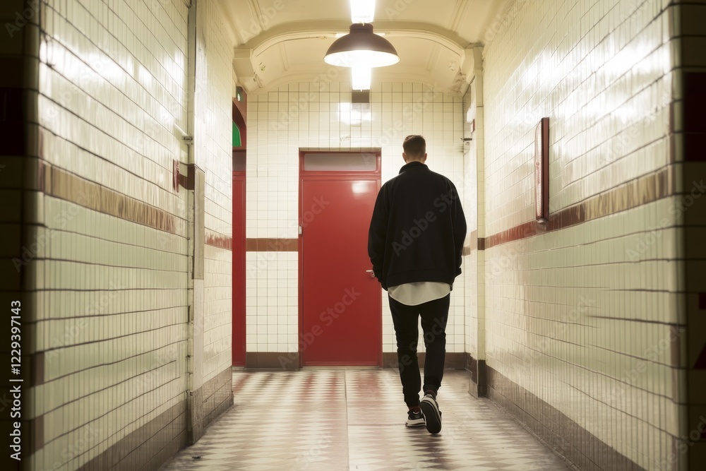 Man walking down a tiled hallway with red door in a modern building during evening Man walking down a tiled hallway with red door in a modern building during evening