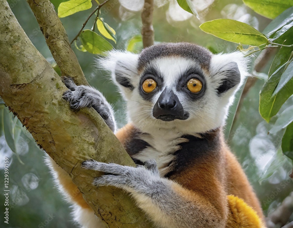 Obraz premium AI generated, animal, animals, mammal, mammals, biotope, habitat, one, individual, foraging, wildlife, ring-tailed lemur (Lemur catta), Madagascar, primates, prosimians, red-brown, red-brown, lemurs, Africa