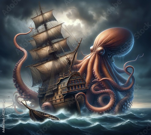 Mythology, mythical creatures, a sea monster, a giant octopus, threatens a sailing ship at sea, AI generated, AI generated photo