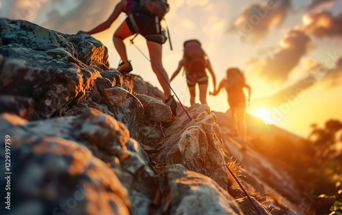 Tourists hiking climbing the rock together, copy space. Blurred background. View bottom to top, reverse perspective, inverted viewpoint, flip, exploration concept. Robust momentum, energetic force
