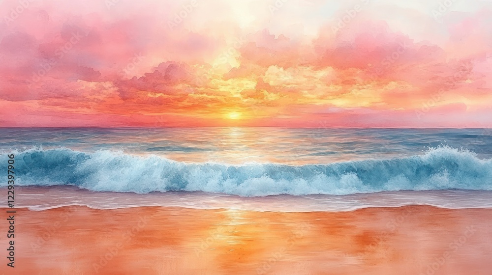 Fototapeta premium Serene sunset ocean wave beach scene