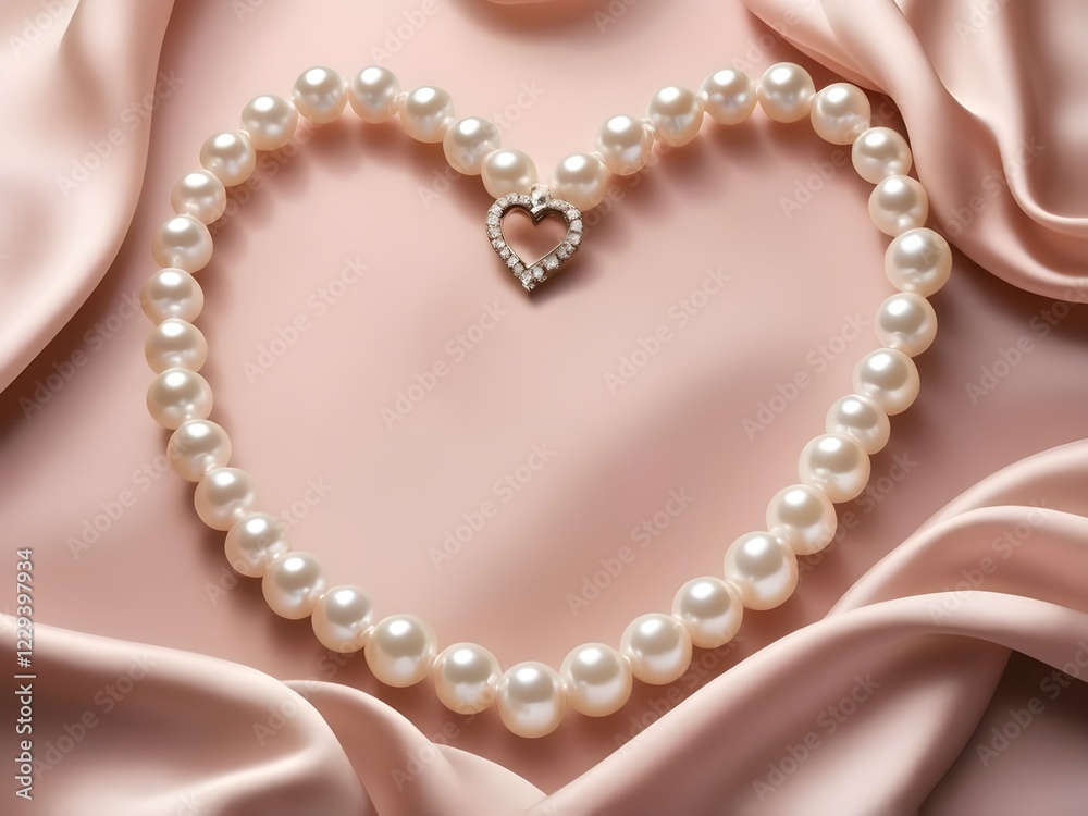 Obraz premium An elegant pearl necklace forming a delicate heart on a smooth satin fabric backdrop, with soft lighting. 