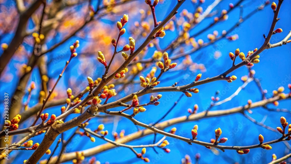 Macro lens reveals a spring branch's intricate beauty, stark against a clear blue sky. Early spring nature photography. Macro lens reveals a spring branch's intricate beauty, stark against a clear blue sky. Early spring nature photography.