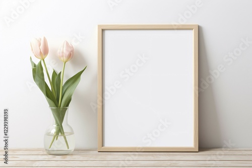 Empty picture frame with pink tulip flowers in front of white wall. KI generiert, generiert AI generated