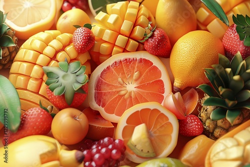 A sunny display of vibrant tropical fruits with citrus and pineapple, 3D digital illustration, AI generated