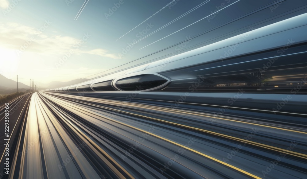 High-speed train in motion on tracks at dusk with a sleek design, ai generated, AI generated High-speed train in motion on tracks at dusk with a sleek design, ai generated, AI generated
