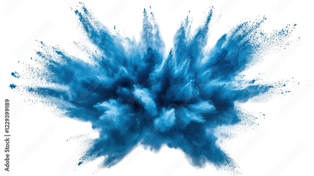 Blue powder exploding creating colorful smoke on transparent background. Transparent background