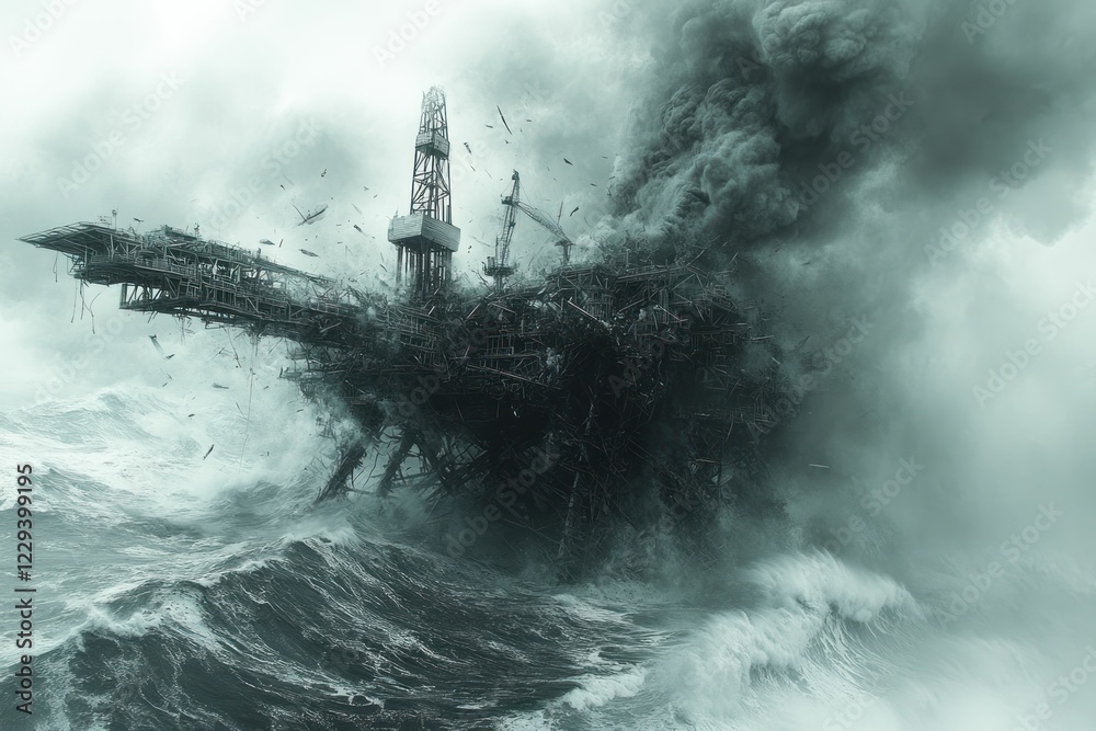 Fototapeta premium Destroyed oil rig engulfed in storm, ocean waves crashing.