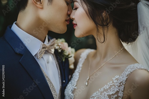 Young Asian wedding couple in love about to kiss. Generative Ai, AI generated