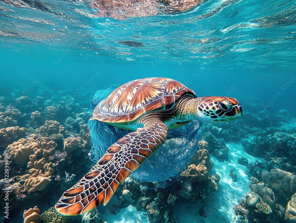 Fototapeta premium Majestic Sea Turtle Swimming Gracefully Among Vibrant Coral Reefs in Crystal-Clear Tropical Waters Beneath a Bright Blue Sky