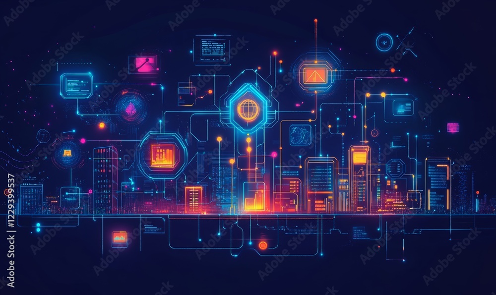 Naklejka premium futuristic city skyline with glowing digital elements, futuristic city skyline, abstract data visualization, digital city, virtual reality, cyberspace, artificial intelligence, technology, innovation.