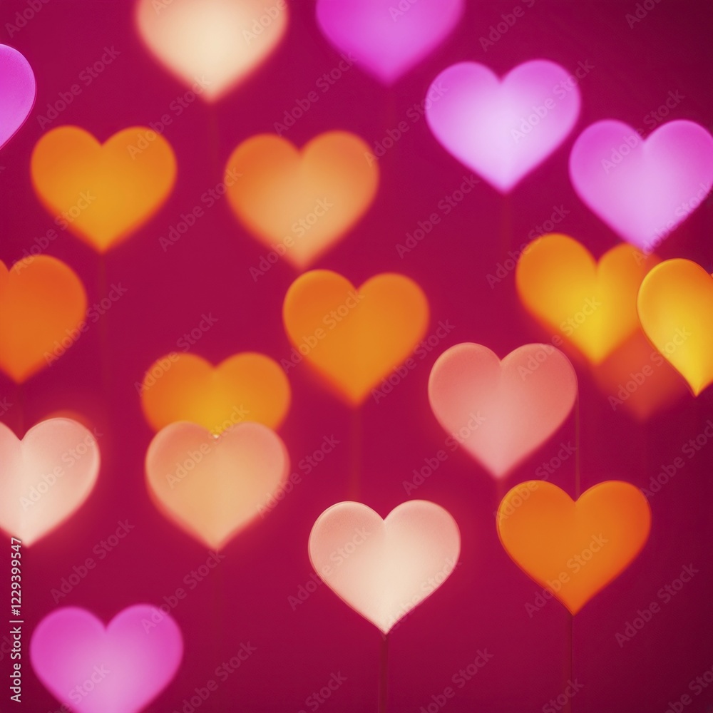 Floating heart-shaped balloons glowing in pink and orange hues on a pink background, Hearts on defocused background Floating heart-shaped balloons glowing in pink and orange hues on a pink background, Hearts on defocused background