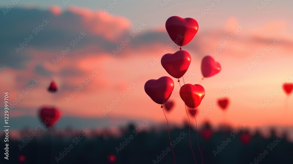 Fototapeta premium Balloons Rising Against A Soft Sunset Background