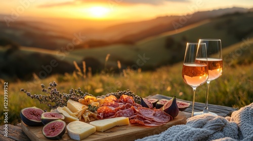 A romantic sunset picnic setup with a charcuterie board of cheese, figs, and prosciutto, paired with wine glasses and a soft blanket overlooking a scenic mountain view.
