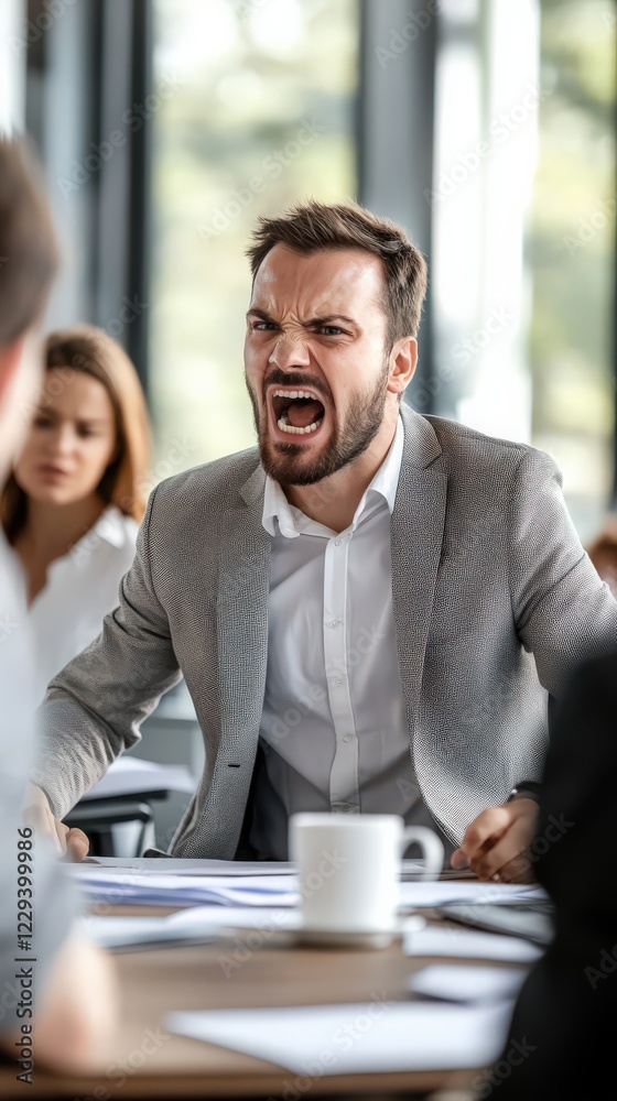 Angry businessman shouting during a tense meeting in a modern office Angry businessman shouting during a tense meeting in a modern office