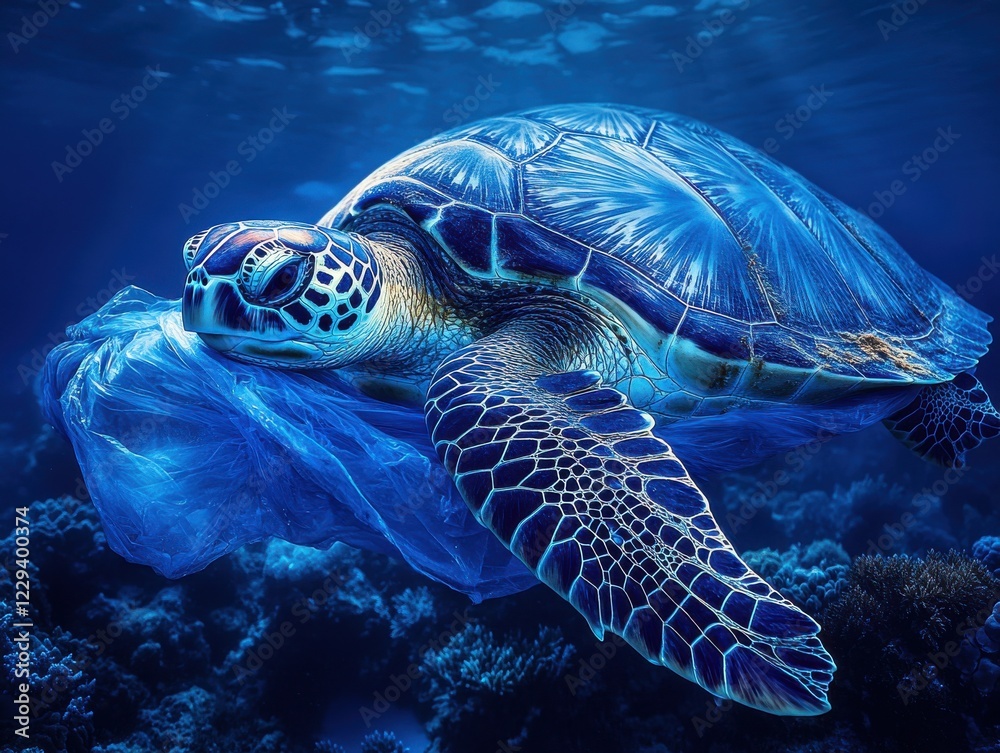Fototapeta premium Majestic Sea Turtle Swimming Gracefully in Clear Blue Ocean Water, Encountering a Plastic Bag in a Coral Reef Habitat Threatening Marine Life