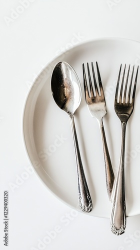 Silver spoon and two forks on a white plate.