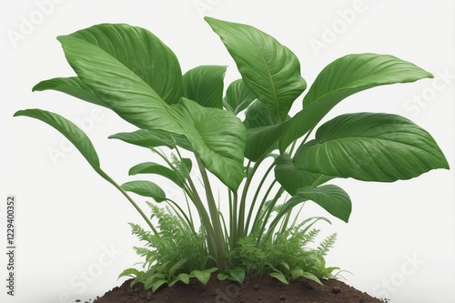 Lush green plant with broad leaves in soil. photo