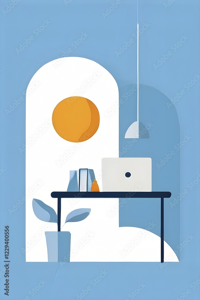 Fototapeta premium Minimalist illustration of an abstract symbolic wallpaper composition representing home office, AI generated