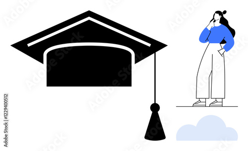Large graduation cap with tassel alongside a person deep in thought with hand on chin next to a cloud. Ideal for education, achievement, future planning, goal setting, academic success, career