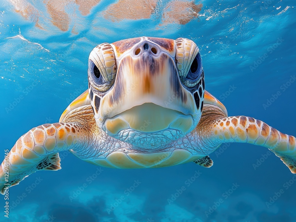 Fototapeta premium Majestic Sea Turtle Swimming Gracefully in Crystal Clear Blue Ocean Water with Sunlight Reflecting on Surface and Vibrant Marine Life Below