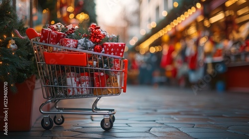A shopping cart filled with products on sale, including seasonal items like winter clothing, holiday decorations, and gifts. The cart is parked in front of a store with sale signs visible photo