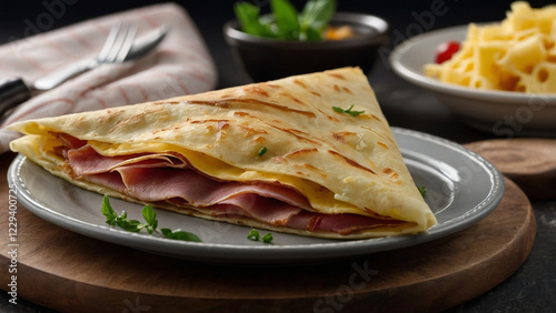 Close-up view of a realistic folded triangle crepe filled with ham and cheese on a plate