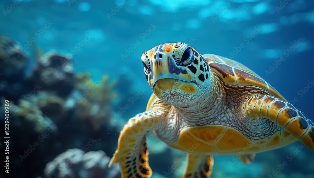 Obraz premium Majestic sea turtle swimming gracefully in crystal clear ocean waters among colorful coral reefs and marine life, showcasing underwater beauty and biodiversity