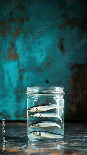 Small fish in a glass jar on a rustic table.