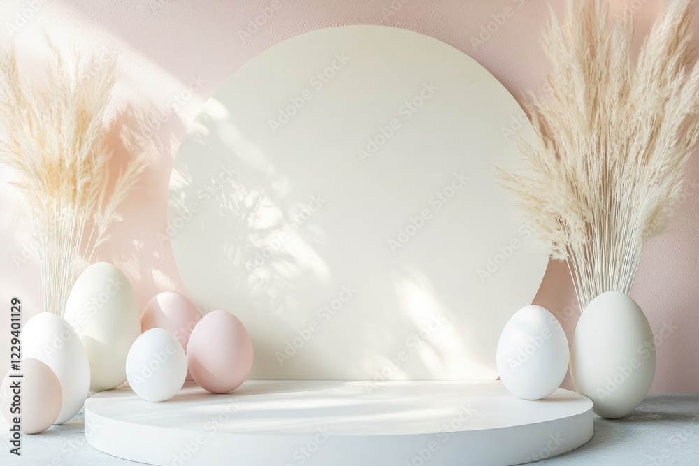 Fototapeta premium Soft pastel colors create serene Easter display with elegant egg