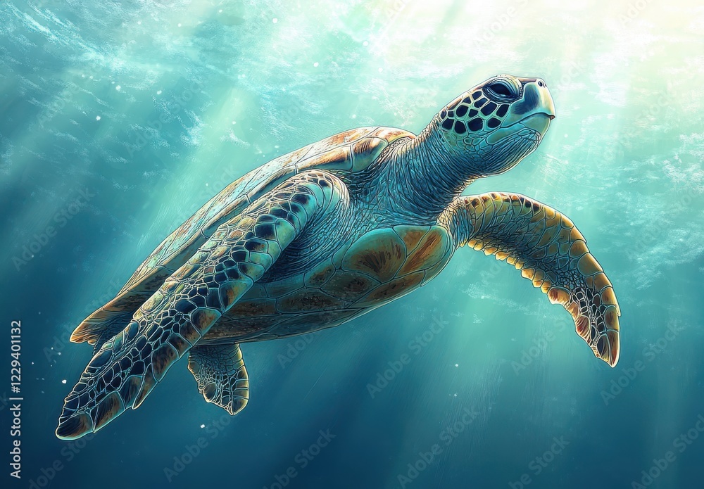 Fototapeta premium Majestic Sea Turtle Swimming Gracefully in Crystal Clear Ocean Waters with Sunlight Filtering Through Waves and Vibrant Coral Reefs Below